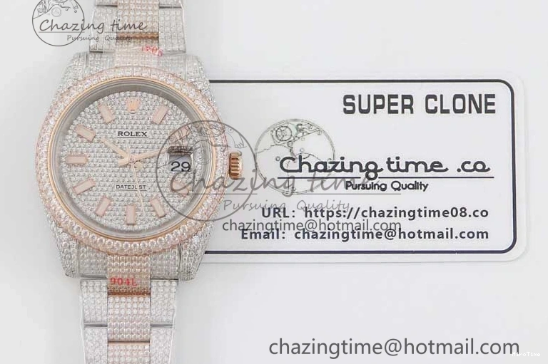 MiroTime 0601 Datejust 41 SS RG Full Diamonds TWF 1:1 Best Edition Diamonds Stick Markers Dial on Bracelet A Refined 2400